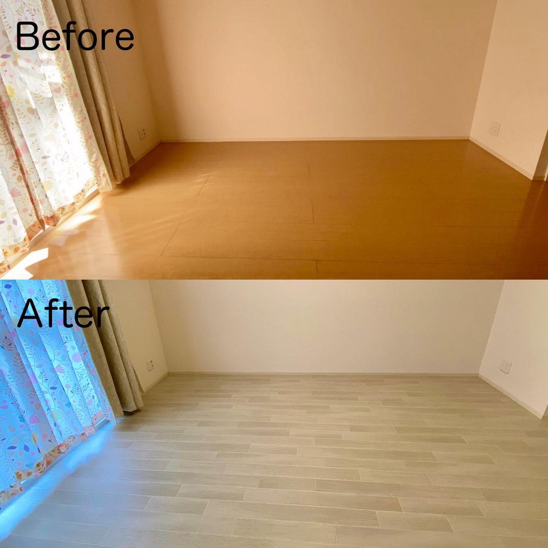 明るい木目柄のクッションフロアを敷いたリビング。Beforeは濃いフローリングで、Afterではナチュラルな印象に変わった床DIY実例。