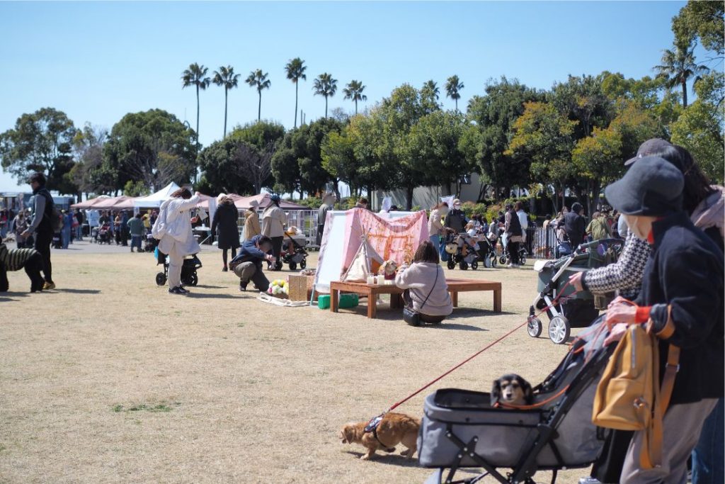 WANDARAKE MARCHÉの賑わわい:多くの人が犬を連れて訪れ、犬用グッズのテントを見て回ったり、交流を楽しんだりしている様子。ミニチュア・ダックスフンドなど様々な犬種が見られる。フォトスポットでわんちゃんを撮っているひとも。