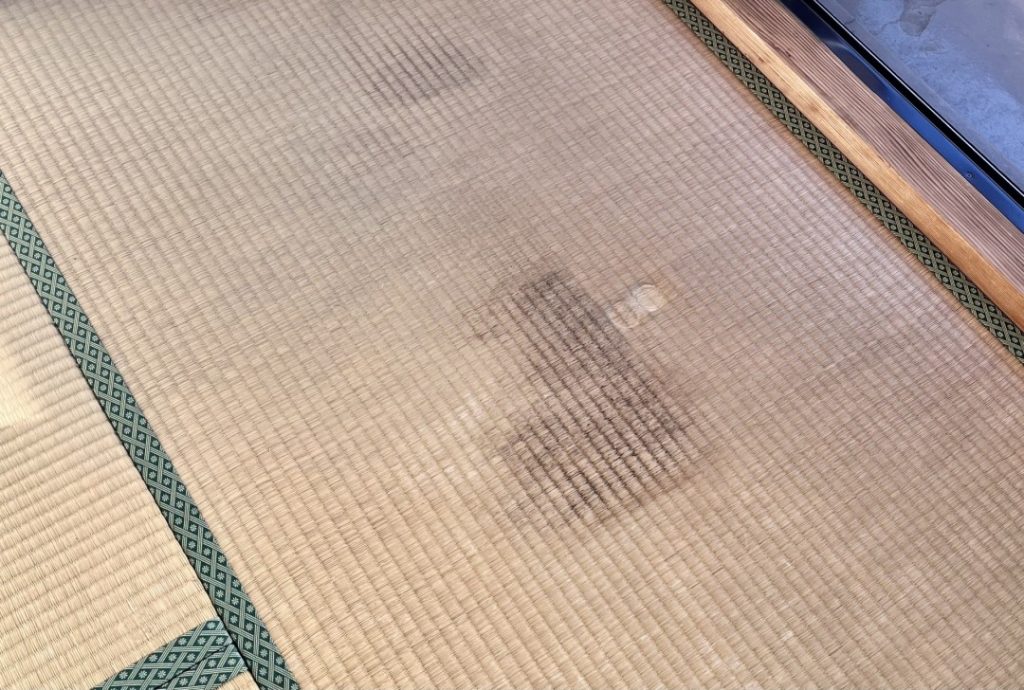 畳にできた黒ずみや傷みの様子。クッションフロアを敷くことで隠したい畳の劣化例の一つ。