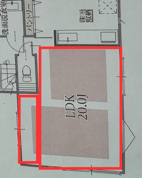 LDK全体にラグリエのペットマット〈モルタル〉を敷く計画図。リビング・ダイニングを中心にパテラ予防のため滑りにくい床をDIY。