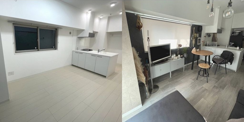 グレー系のクッションフロアをリビングに敷いたビフォーアフター実例。モノトーンインテリアに映えるスタイリッシュな空間に仕上がっている。