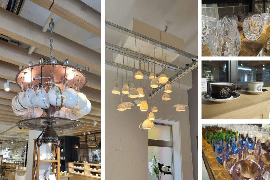 ティーカップを使った照明やガラス製品を並べたノリタケの森ショップ内の展示。