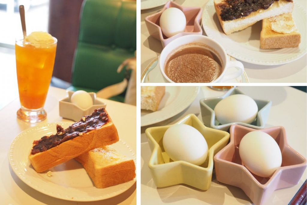 喫茶パスカル青山のモーニングセットを複数アングルで撮影したコラージュ。