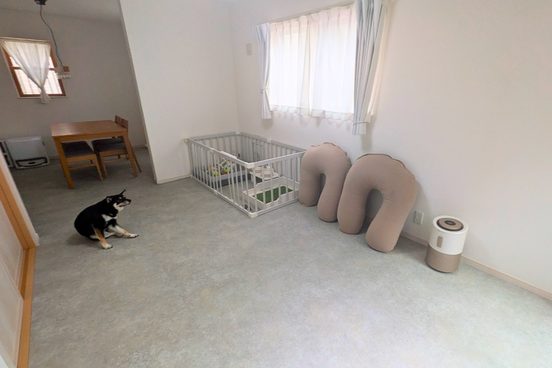 ラグリエのペットマット〈モルタル〉を敷いたリビング全景。犬用サークルを配置した広い空間が、統一感のある上品な雰囲気に変わった完成後の写真。