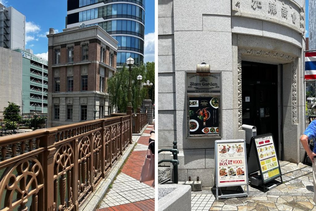 名古屋・納屋橋近くの旧加藤商会ビルとサイアムガーデン入口を撮影した外観。歴史的建築と周囲の近代建物が並ぶ景観。