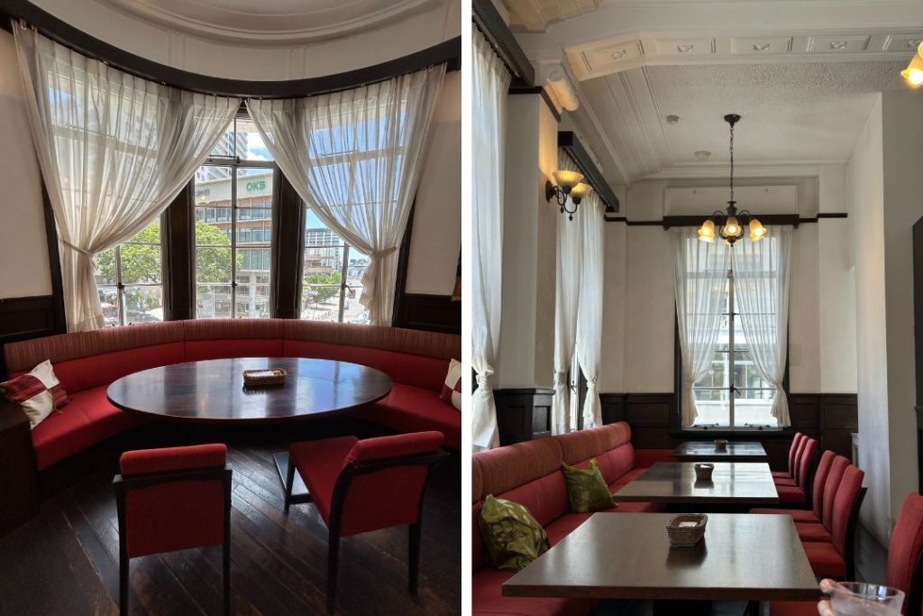 サイアムガーデン店内、カーブした大窓とラウンドソファが特徴的な空間を撮影した写真。