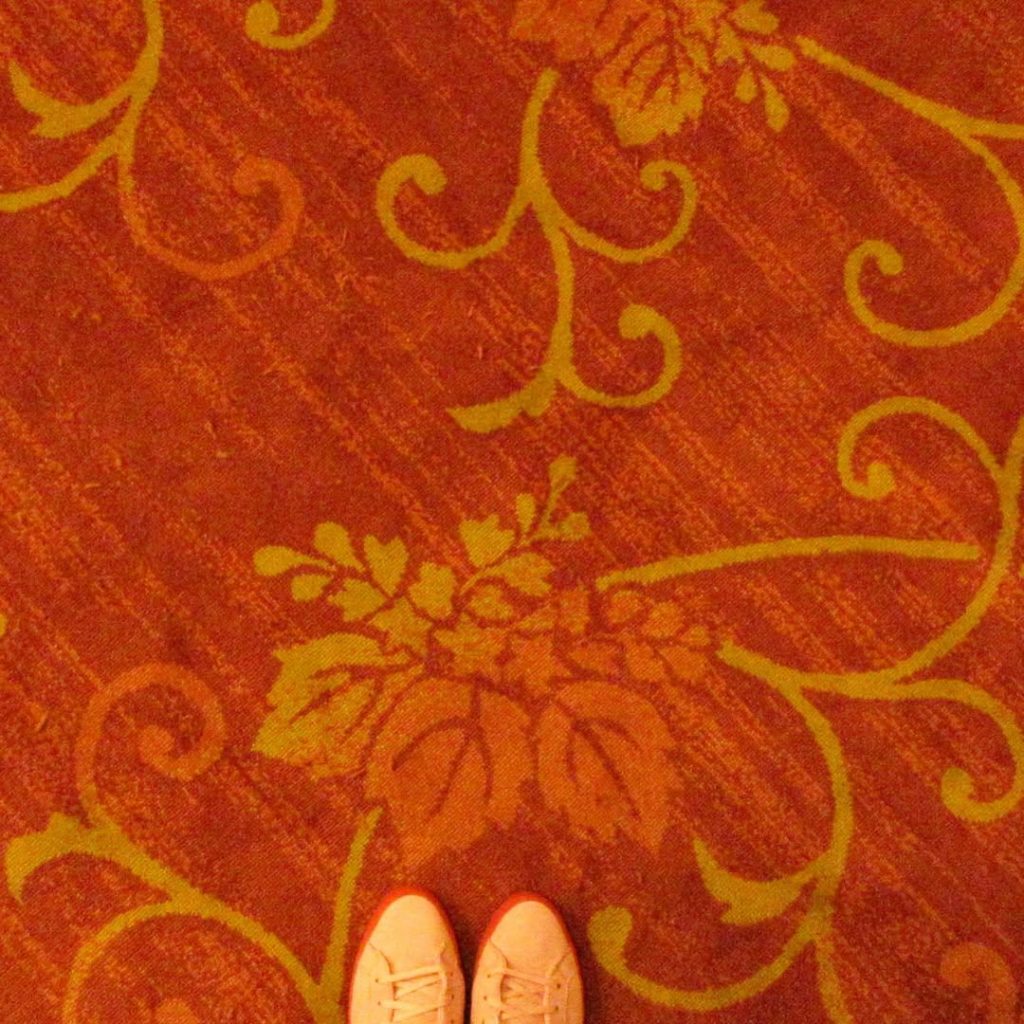 数年前に奈良ホテルを訪れた際に撮影した床。赤を基調に、蔓草文様が描かれたクラシカルなカーペット。