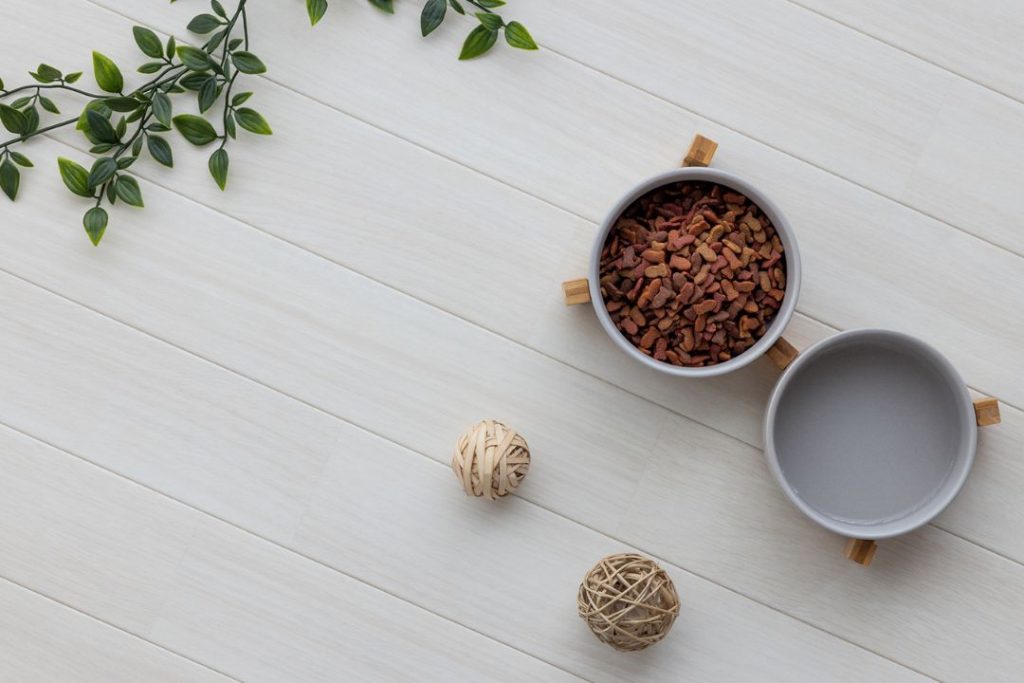 ラグリエのペットマット『ノーザンオーク』白みの強いナチュラルウッド調デザインの高機能クッションフロア。明るく清潔感のある床にエサ入れやインテリア小物が置かれたコーディネート例。