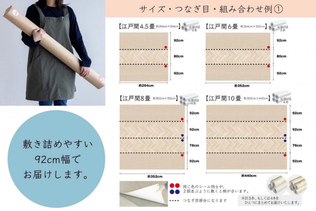 ラグリエのツートンフロアマット 江戸間4.5畳 6畳 8畳 10畳 サイズとつなぎ目の組み合わせ例 92cm幅で敷き詰める配置イメージ