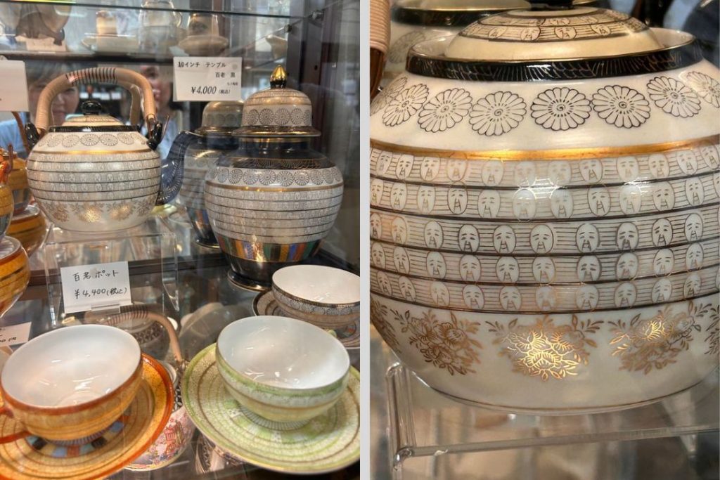 名古屋陶磁器会館に展示されていた「百老」の茶器。おじいさんの顔が連続して描かれた、細かな絵柄が印象的な陶磁器。