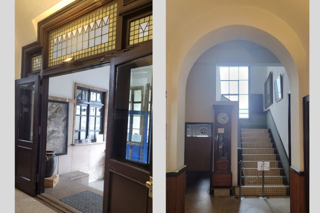 名古屋陶磁器会館の入口と館内。ステンドグラス風の窓やアーチのある空間、階段まわりが写るレトロな内装。