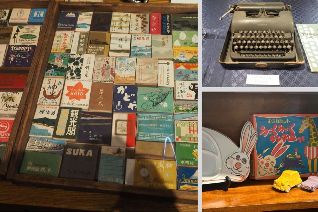 名古屋陶磁器会館で展示されていた昭和レトロなマッチ箱やタイプライター、お子様セットの器。懐かしいデザインの陶磁器や道具が並ぶ展示。