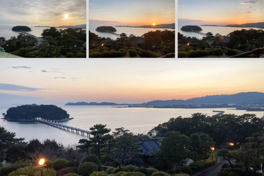 蒲郡クラシックホテルの客室から見える夕暮れの三河湾と竹島の眺望