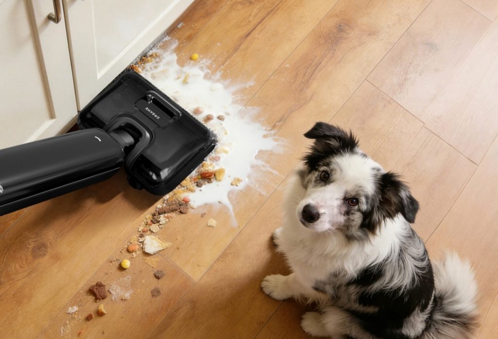 床に散らばった食べ物を掃除機で掃除する様子と犬